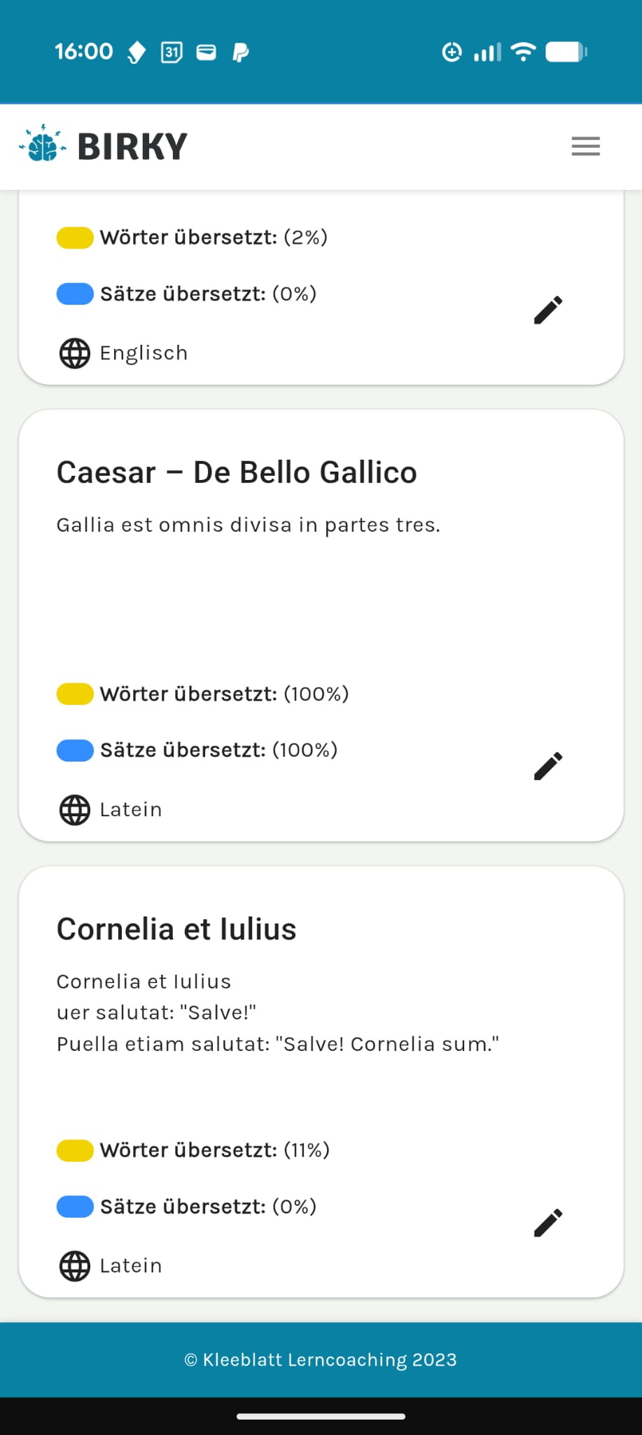 Birky - Latein Grammatik App: Lernfortschritt und übersetzte Wörter im Überblick